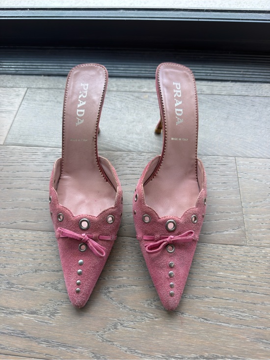 Prada Shoes - Prada Pink Suede Pointed-Toe Mule with Grommet & Bow Detail
